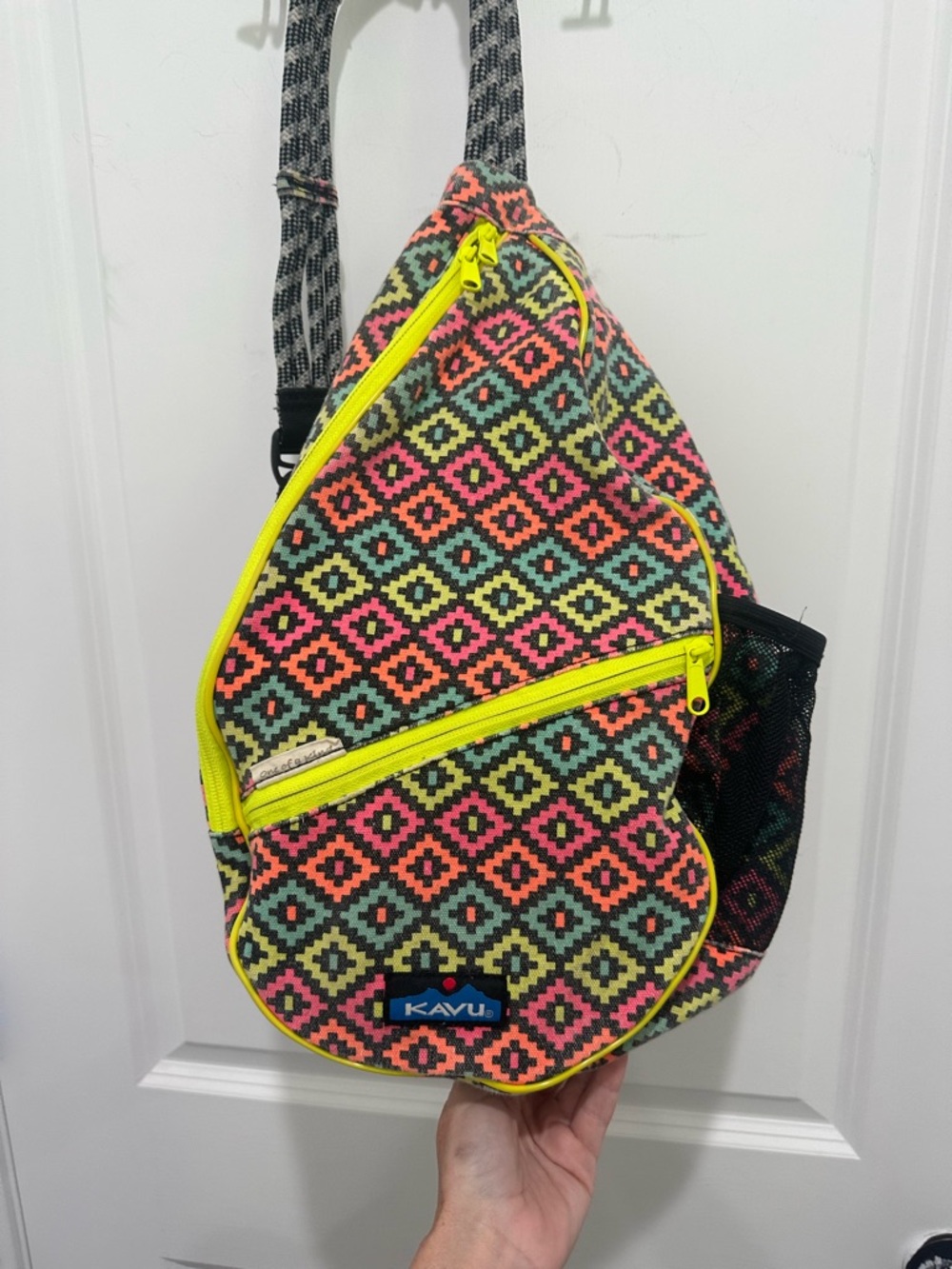 Kavu Neon Geo Pattern Sling Backpack - Yellow Trim